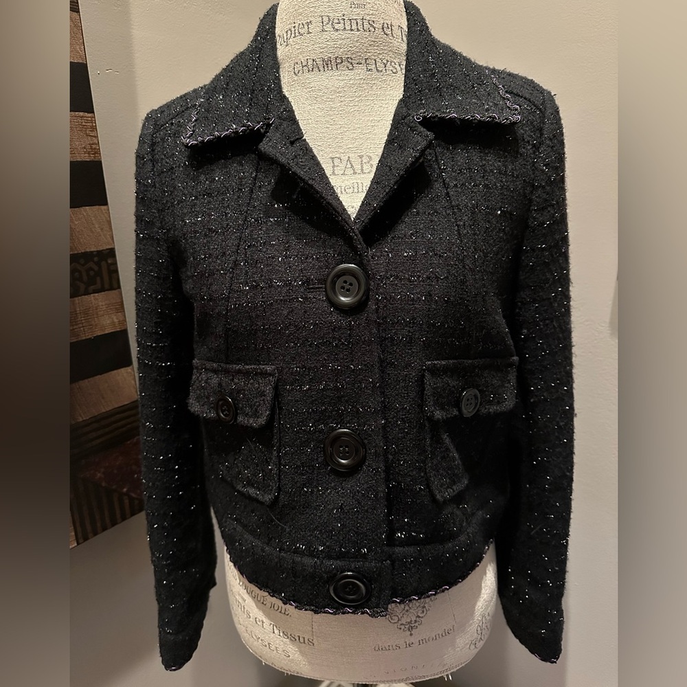 Katherine New York Black Tweed Jacket with Purple Stitch Detail LIKE NEW!